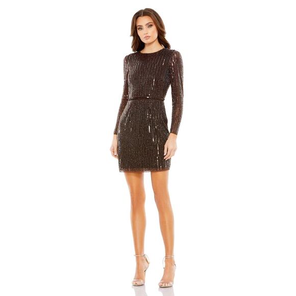 Mac Duggal 93625 Espresso Long Sleeve Sequin Mini Dress 16 NEW - Picture 1 of 6